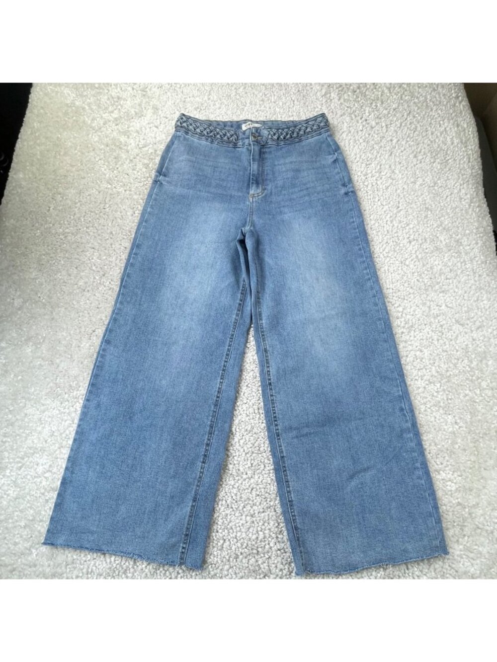 OAT New York High Braided Waistband Wide Leg Jean Raw Hem Womens 10/30